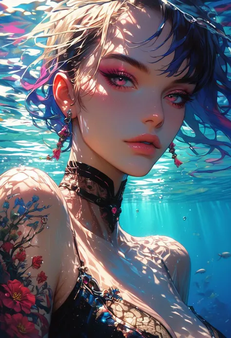 a woman with tattoos and piercings in the water