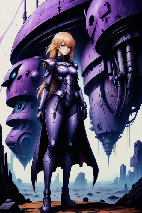 a woman in a purple suit standing in front of a futuristic city