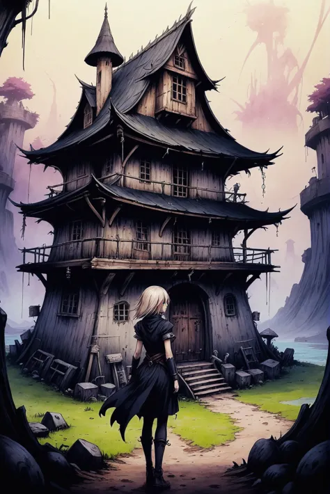 a woman standing in front of a house in a fantasy setting