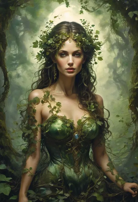 a painting of a woman in a green dress surrounded by trees