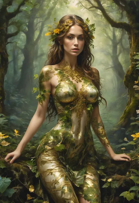 a woman in a forest with a lot of leaves on her body