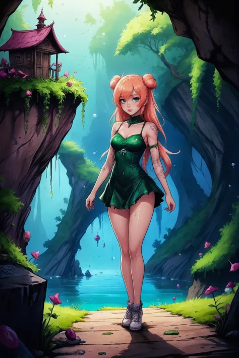 a girl in a green dress is walking through a forest