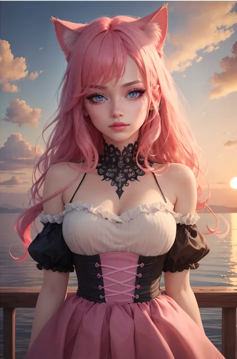 ((high quality, masterpiece:1.4)), 1girl, ((pink hair, blue eyes, cat ears, cute face, blushing, shy look,  perfect proportions, upper body)), ((sunset, sky background:1.2, majestic clouds)), best lighting, absurdres, high details, intricate, intricate details, sharp focus, screen space reflextions, RTX, edge lighting, rim light, rimlighting, best lighting