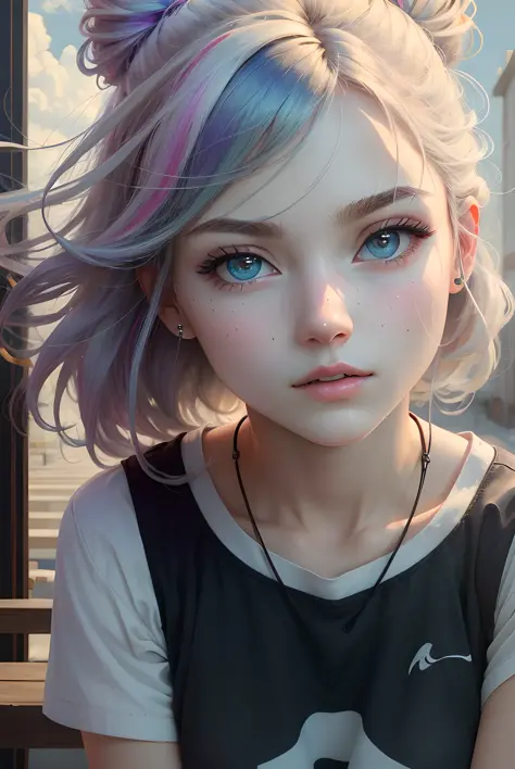 ((high quality, masterpiece:1.4)), 1girl, upper body, gym clothes, white hair, rainbow colored hair, gradient hair, pretty face, beautiful face, beautiful eyes, beautiful girl, pretty girl, perfect facial shape, absurdres, realistic proportions, dynamic pose, high details, intricate, intricate details, realistic eyes, realistic eye proportions, sharp focus, 32k, realistic lighting, extreme details, realistic pupils, realistic proportion eyes, realistic proportions pupils, realistic shadows, <lora:beautifulDetailedEyes_v10:0.4>,  <lora:evafieEvaElfie_evafieV10:0.3>, evafie