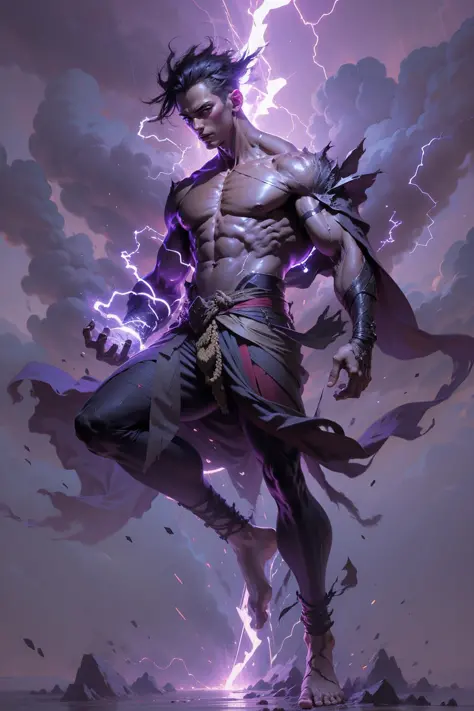 Best quality,masterpiece,ultra high res,,leilinggeng,lightning,,Lots of lightning,drawing,lightning elemental energy towards himself,<lora:leilinggeng:0.8>,headsome boy,(The body is wrapped in lightning:1.3),Exaggerated muscle lines,yellow,,upper body,hakama skirt,ojou-sama pose,bandages, feet, toes