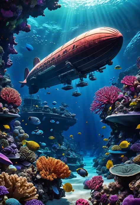 enhanced contrast, highly detailed UHD photo of a dark underwater science-fiction scene, colorful coral reef, a zeppelin is divi...