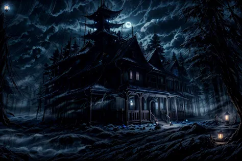 a dark house with a lantern in the front of it