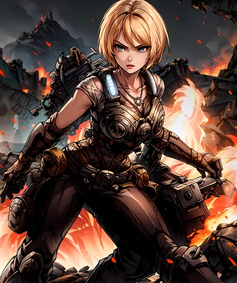 anya_stroud, armor, short hair, blonde hair, dramatic, necklace, gun, holding gun, mountain, fire, lava <lora:Anya_Stroud-15:0.8...