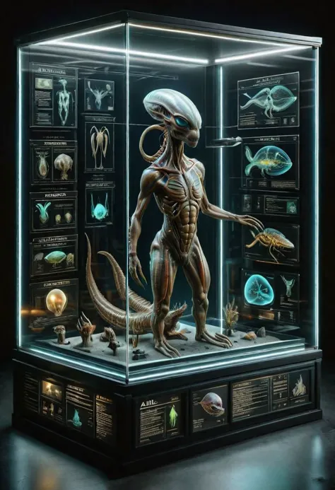 vitrina de exhibición para artefactos alienígenas, incluyendo especímenes animales y tecnología indescifrable, en un ambiente de estudio oscuro, detallado de alta resolución y alta saturación