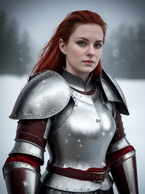 Intricately detailed, closeup, front shot, professional photograph, of (handsome Nordic female warrior), red_hair, (wearing heavy [medieval:fantasy:20] armor), standing, outside on a snowy mountain, (fluffy snow flakes falling from the sky), snow on armor, toned physique, perfect eyes, volumetric fog, shallow depth of field, cinematic lighting, lingering golden rays of sunset on a cloudy winter day, raytracing, subsurface scattering, photographed on a Canon EOS-1D X Mark III, (highly detailed:1.2), (hard focus), HDR, 8k resolution