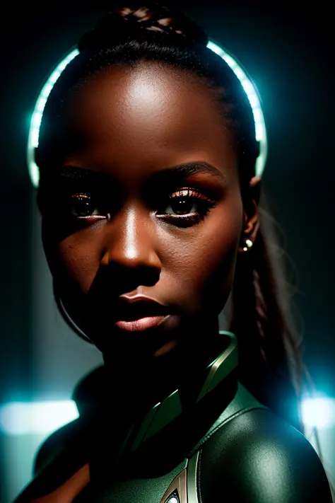 photograpy masterpiece, closeup, gorgeous (soneqa martin-green) ((looking on camera)),  perfect brown iris, circle light reflex in the eyes , fkfce fake person, ((star trek suit)) sensual, ((little breast from neckline)), black mirror floor, black mirror wall behind, strong side light, backlight on the floor, high contrast, hard focus, detailed black skin, detailed skin pores, ultra realistic, sharp focus on eyes, cinematic lighting