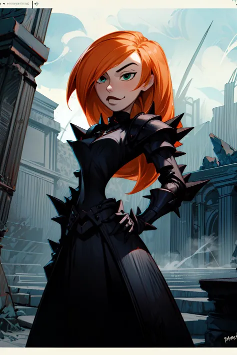 a woman in a black dress with red hair and spiked spikes