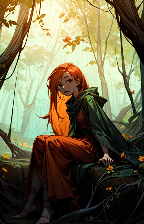 a woman sitting in the woods with a green cape on