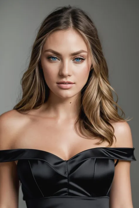 <lora:c4nd1c3sw:0.9>, a Realistic photo of c4nd1c3sw woman, 1girl, solo, long hair, breasts, looking at viewer, blue eyes, blonde hair, simple background, dress, cleavage, bare shoulders, grey background, hair over one eye, lips, strapless, red dress, real...