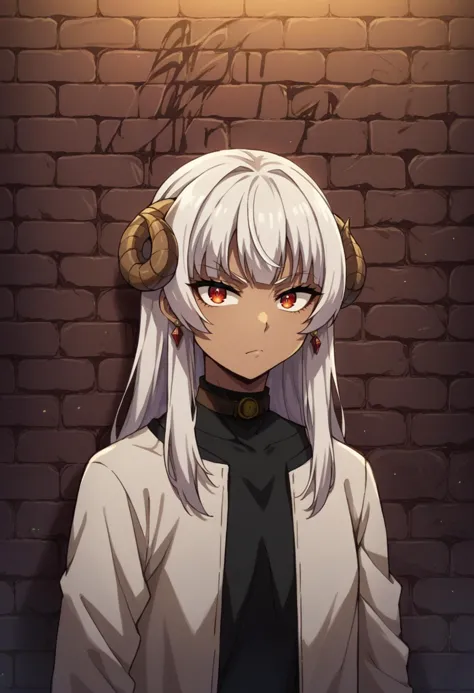 anime girl with horns and a black tie standing in front of a brick wall