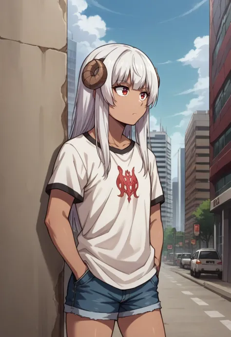 anime girl with white hair and blue shorts standing in front of a tall building