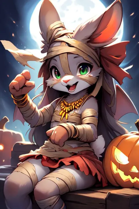 furry, animal, furry, furry female anthro, female rabbit,
((small breasts)), rabbit face, bunny tail, detailed and extremely fluffy body fur, fluff, athletic body, 2 girls, 
highly_detailed_face, symmetrical_eyes, Detailed Eyes, open mouth, rodent front teeth, happy, nail teeth, (eye reflections), (thick thighs:0.5),
flat chest, cute, girl, young, young adult, small breasts, cute, girl, young, 
sitting on hay eating candy, throwing candy, having fun, ((torn bandages)), ((torn white short frilly skirt)), ((bandaged head)), surrounded by halloween candy,
golden tiara, golden bracelet, golden necklace, 
green glow, fog tendrils,  
bandage,
nighttime, outside, Halloween night, pumpkins, moonlight, bats in the sky, spiderwebs, 
(by manmosu marimo:0.6), (by dagasi:0.7), by reign-2004, 
(by carrot:0.4), by darkgem, by ulitochka,
highly detailed photograph, cinematic, full shot,
concept art, highly detailed, (hi res), masterpiece, best quality, masterpiece, best quality,  highly_detailed_face, symmetrical_eyes, belly, cinematic composition, dynamic pose, nude, (masterpiece, best quality, ultra realistic, 4k, (high detail:1.3),