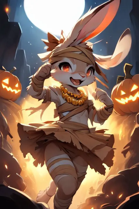 furry, animal, furry, furry female anthro, female rabbit,
((small breasts)), rabbit face, bunny tail, detailed and extremely fluffy body fur, fluff, athletic body, 2 girls, 
highly_detailed_face, symmetrical_eyes, Detailed Eyes, open mouth, rodent front teeth, happy, nail teeth, (eye reflections), (thick thighs:0.5),
flat chest, cute, girl, young, young adult, small breasts, cute, girl, young, 
running, jumping, having fun, three quarter back pose, ((torn bandages)), ((torn white short frilly skirt)), ((bandaged head)),
golden tiara, golden bracelet, golden necklace, 
green glow, fog tendrils,  
bandage,
nighttime, outside, Halloween night, pumpkins, moonlight, bats in the sky, spiderwebs, 
(by manmosu marimo:0.6), (by dagasi:0.7), by reign-2004, 
(by carrot:0.4), by darkgem, by ulitochka,
highly detailed photograph, cinematic, full shot,
concept art, highly detailed, (hi res), masterpiece, best quality, masterpiece, best quality,  highly_detailed_face, symmetrical_eyes, belly, cinematic composition, dynamic pose, nude, (masterpiece, best quality, ultra realistic, 4k, (high detail:1.3),