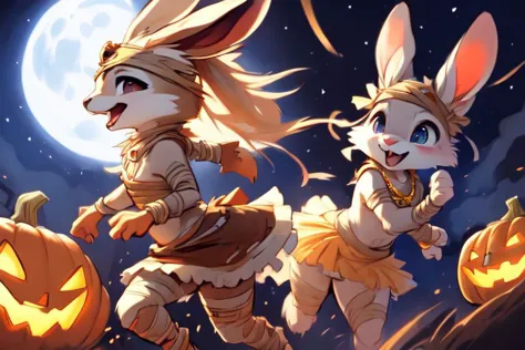 two cartoon rabbits running in front of a full moon with pumpkins