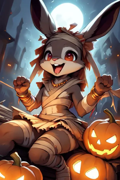 a cartoon rabbit dressed as a mummy sitting on a pile of pumpkins