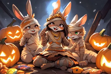furry, animal, furry, furry female anthro, female rabbit,
((small breasts)), rabbit face, bunny tail, detailed and extremely fluffy body fur, fluff, athletic body, 2 girls, 
highly_detailed_face, symmetrical_eyes, Detailed Eyes, open mouth, rodent front teeth, happy, nail teeth, (eye reflections), (thick thighs:0.5),
flat chest, cute, girl, young, young adult, small breasts, cute, girl, young, 
sitting on hay eating candy, throwing candy, having fun, ((torn bandages)), ((torn white short frilly skirt)), ((bandaged head)), surrounded by halloween candy,
golden tiara, golden bracelet, golden necklace, 
green glow, fog tendrils,  
bandage,
nighttime, outside, Halloween night, pumpkins, moonlight, bats in the sky, spiderwebs, 
(by manmosu marimo:0.6), (by dagasi:0.7), by reign-2004, 
(by carrot:0.4), by darkgem, by ulitochka,
highly detailed photograph, cinematic, full shot,
concept art, highly detailed, (hi res), masterpiece, best quality, masterpiece, best quality,  highly_detailed_face, symmetrical_eyes, belly, cinematic composition, dynamic pose, nude, (masterpiece, best quality, ultra realistic, 4k, (high detail:1.3),