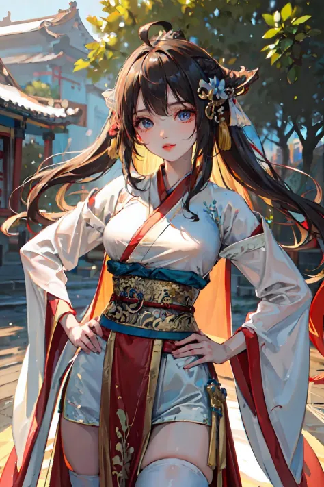 (masterpiece:1.5),(best quality:1.5),(ultra-detailed:1.5),illustration,cowboy shot,1girl,solo,(buildings),perfect face,lustrous skin,long hair,beautiful detailed eyes,beautiful flowing hair,(ru_qun:1.5),(hanfu:1.5),chinese clothes, white dress,white thighhighs, (bloom),lighting, ray tracing,outdoors,  mountains, nature,hair ornament, hair ribbon,hand on hip,looking at viewer,ahoge,large breasts, (deep depth of field:1.5),hair ornament, forest,barefoot sandals