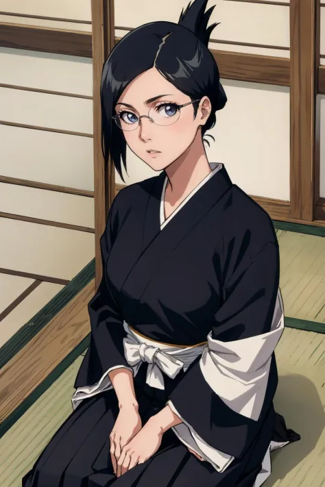 masterpiece, best quality, ise nanao, folded ponytail, glasses, black robes, sash, hakama skirt, seiza, japanese architecture, indoors, looking at viewer, from above