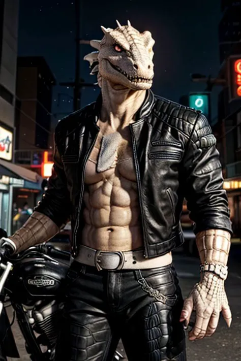 Craft an image of godzilla with (((white scales))) and (white skin) and a crocodile head. Give him wider shoulders and a muscular build.. human-sized
futuristic urban setting 
wearing (black biker jacket), and pants
A ((white-scaled)) (white dragonborn) with a muscular build and a (((crocodile head))) with red eyes and (blackened hands), white scales, sharp teeth, muscular, claws, ((scaled skin)), (scaled arms), (scaled chest), (albino), wide shouldered, 1boy, (dragonborn), massive, clawed hands, black claws 
(masterpiece), 8k, Absurdres, best quality, HDR, Low ISO, masterpiece, Maximum clarity and sharpness, Hyperdetailed, photorealistic, hi res, hyperdetailed, ultrarealistic, ((cowboy shot)), ((action pose)),
maleC yberpunkAI, neon,, yofukashi background, city, cityscape, building, BikerC