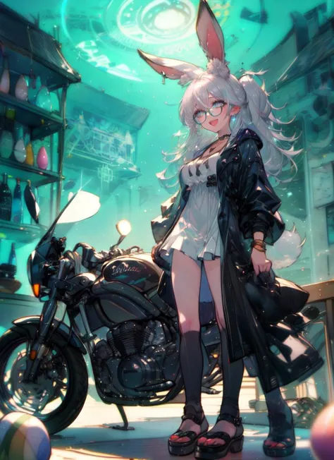 anime girl with bunny ears standing next to a motorcycle