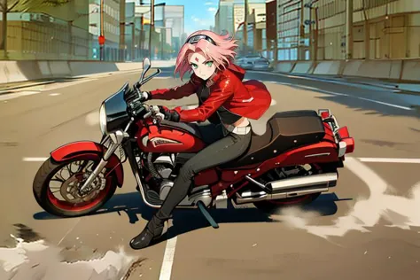 anime girl riding a red motorcycle in a city street