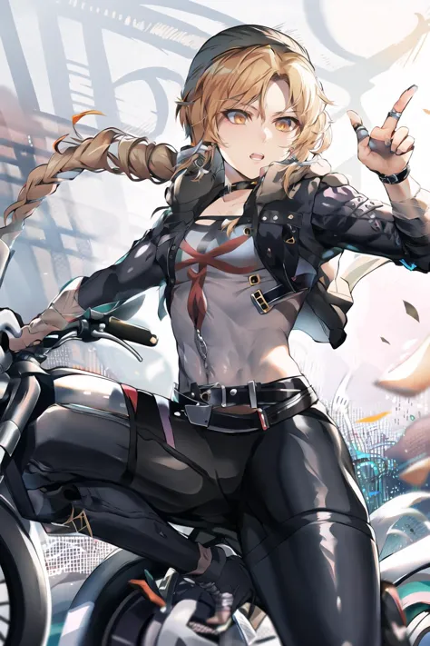 anime girl on a motorcycle with a gun in her hand