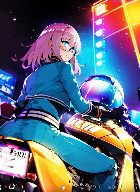 ((best quality)), ((highly detailed)), masterpiece, absurdres, (detailed eyes, deep eyes), (1girl), (glasses), back view, from behind, dynamic pose, cowboy shot, ((BikerC, motorcycle, neon lights, night, starry sky, riding, sitting, on motorcycle, leaning, motorcycle helmet, holding helmet, helmet removed)), girl next door, friendly, smiling, (outdoors, at a tropical island, palm trees, noon, hurricane), heroneissan style