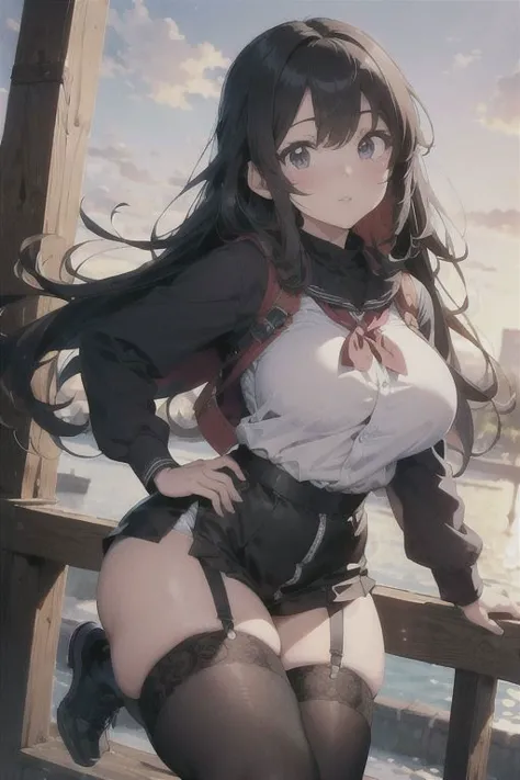 (obra maestra, 1980's anime, antecedentes detallados:1.2),Chica anime con pechos grandes y medias negras posando en el cielo, chica anime seductora, guweiz, mejor valorados en pixiv, curvas , Estilo de la colección Kantai, grueso, Estilo de pasarela Azur, diosa del anime, seductora mujer hermosa del anime, guweiz on Pixiv ArtStation, Hestia, Artgerm extremadamente detallado