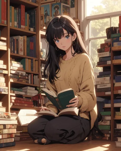 (Meisterwerk, 1980's anime illustration:1.1), süßes Mädchen mit langen lila Haaren trägt übergroßen Strickpullover, mit gekreuzten Beinen auf dem Boden einer Buchhandlung sitzend, offenes Buch auf dem Schoß, aufmerksam lesen, umgeben von Stapeln alter Bücher, Nachmittagssonne strömt durch das Fenster, Beleuchten von schwebendem Staub in der Luft, Schaffen einer gemütlichen Atmosphäre, detaillierte alte Einbände von Büchern, gemusterter Teppich auf Hartholzboden, Retro-Anime-Stil, warmes Licht