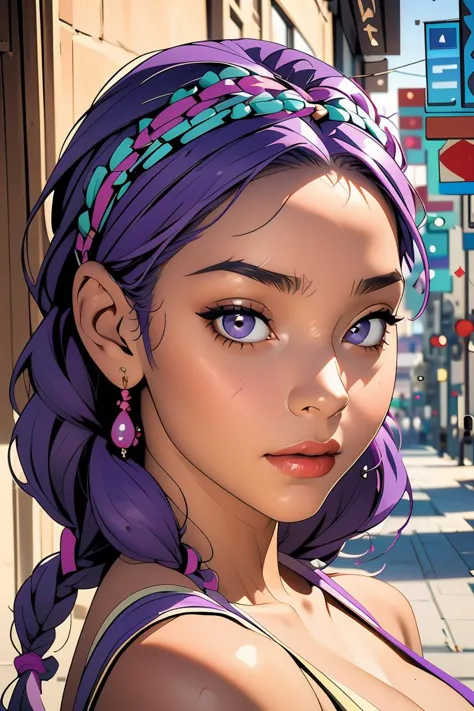 a close up of a woman with purple hair and a purple headband