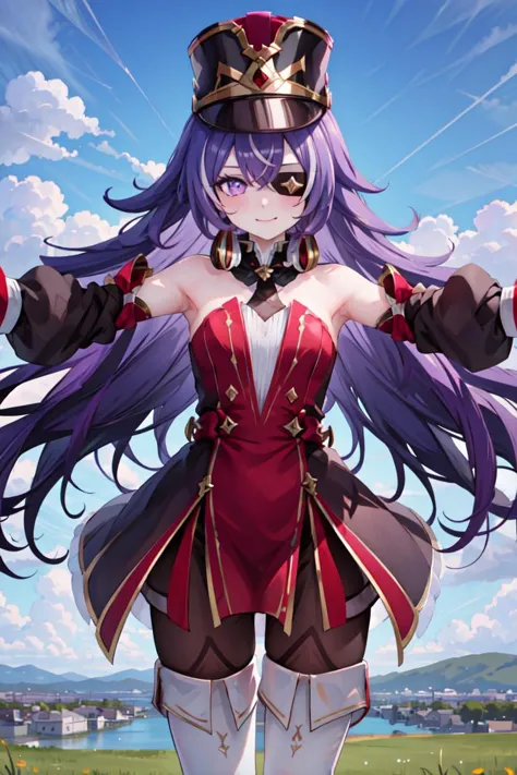 1girl, solo, 
 <lora:chevreuse-gi-v1cr:0.8>, chevreuse, purple eyes, 
eyepatch, shako cap, detached sleeves, gloves, black pantyhose, thigh boots, smile, mouth closed, blush,
outstretched arms, yokozuwari,, weird atmosphere, (best quality:1.1), (masterpiece:1.2), high quality shadow, beautiful detailed, (high detailed skin, skin details), (wide_landscape, 8k), beautiful face, detailed eyes, depth of field, dramatic light, best quality, highres, best shadow, best illumination,