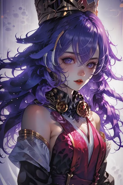 a close up of a woman with purple hair wearing a crown