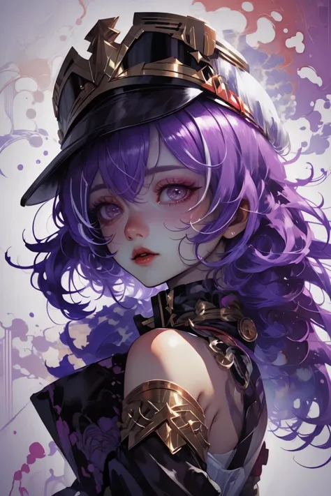 a close up of a woman with purple hair wearing a hat