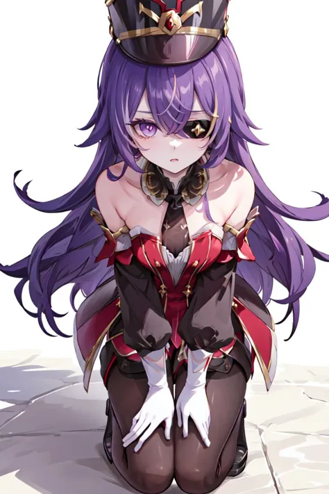 1girl, solo, from above,
<lora:chevreuse-gi-v1cr:0.8>, chevreuse, purple eyes,
eyepatch, shako cap, detached sleeves, gloves, black pantyhose, thigh boots, looking at viewer,  blank eyes, blank stare,
hand on hip, hands on own knees, squatting, legs together,
best quality, masterpiece, high quality shadow, beautiful detailed, high detailed skin, skin details, wide_landscape, 8k, beautiful face, detailed eyes, depth of field, dramatic light, best quality, highres, best shadow, best illumination,