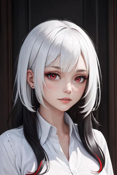 highly detailed, high quality, masterpiece, beautiful, solo, 1girl, white hair, red eyes, long hair, shirt, white shirt, upper b...