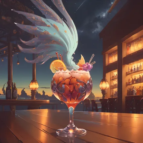 a powerful windtech cocktail served in a bar in the sky <lora:WindTech-15:0.8> colorful, anime, detailed, illustration, intricat...