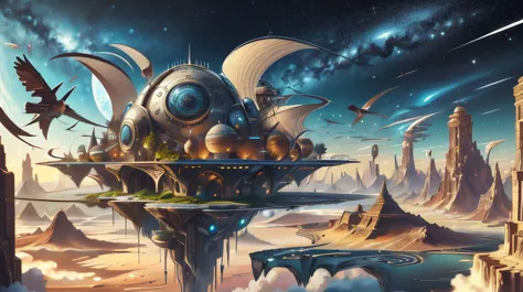 a painting of a futuristic city with a flying dragon in the sky