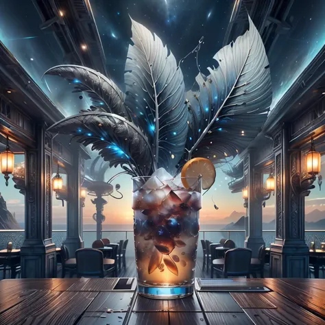 a powerful windtech cocktail served in a bar in the sky <lora:WindTech-15:0.8><lora:cocktail_v2:0.8>, oceanic colors, (Food phot...