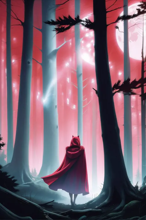 a red caped person in a forest with a full moon