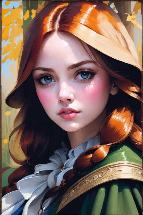 a painting of a girl with red hair and blue eyes