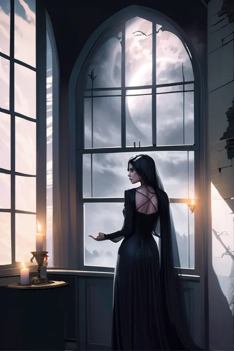 a woman in a black dress standing in front of a window