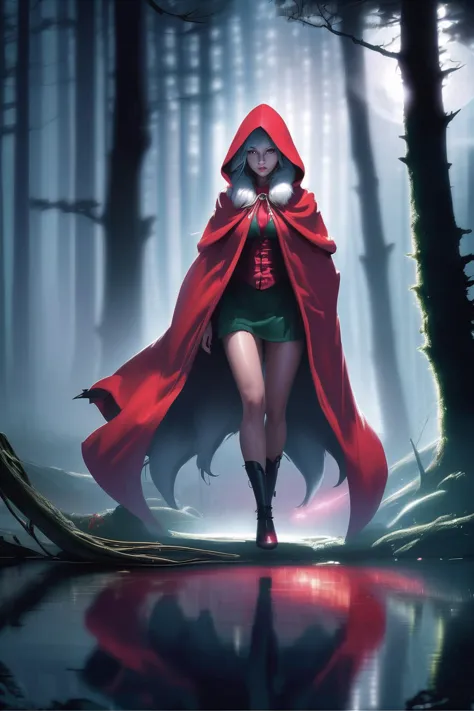 a dark nighttime forest. a wolf stalks a woman wearing a red hooded cloak. eerie moonbeams, volumetric light, high dynamic range.