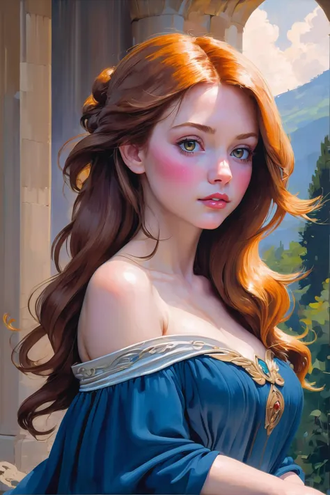 a painting of a woman with long red hair and a blue dress