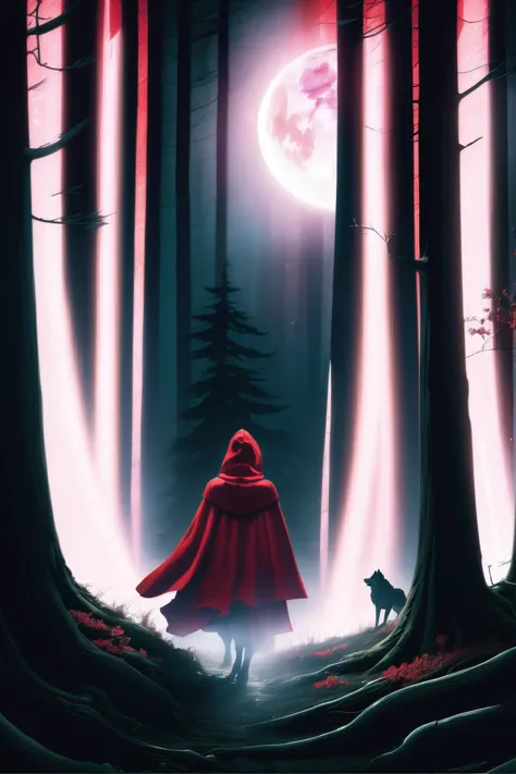 a dark nighttime forest. a wolf stalks a woman wearing a red hooded cloak. eerie moonbeams, volumetric light, high dynamic range.