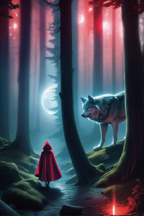 a painting of a little red riding hoodie and a wolf in the woods